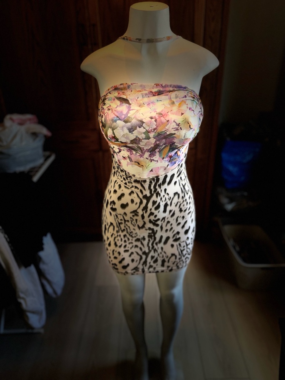 bebe Strapless Floral Bust & Animal-Print Bodycon Dress — Pink, Black, White